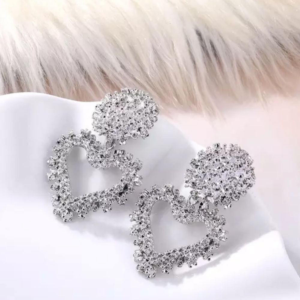 Silver Tone Heart Drop Earrings - Picture 3 of 4